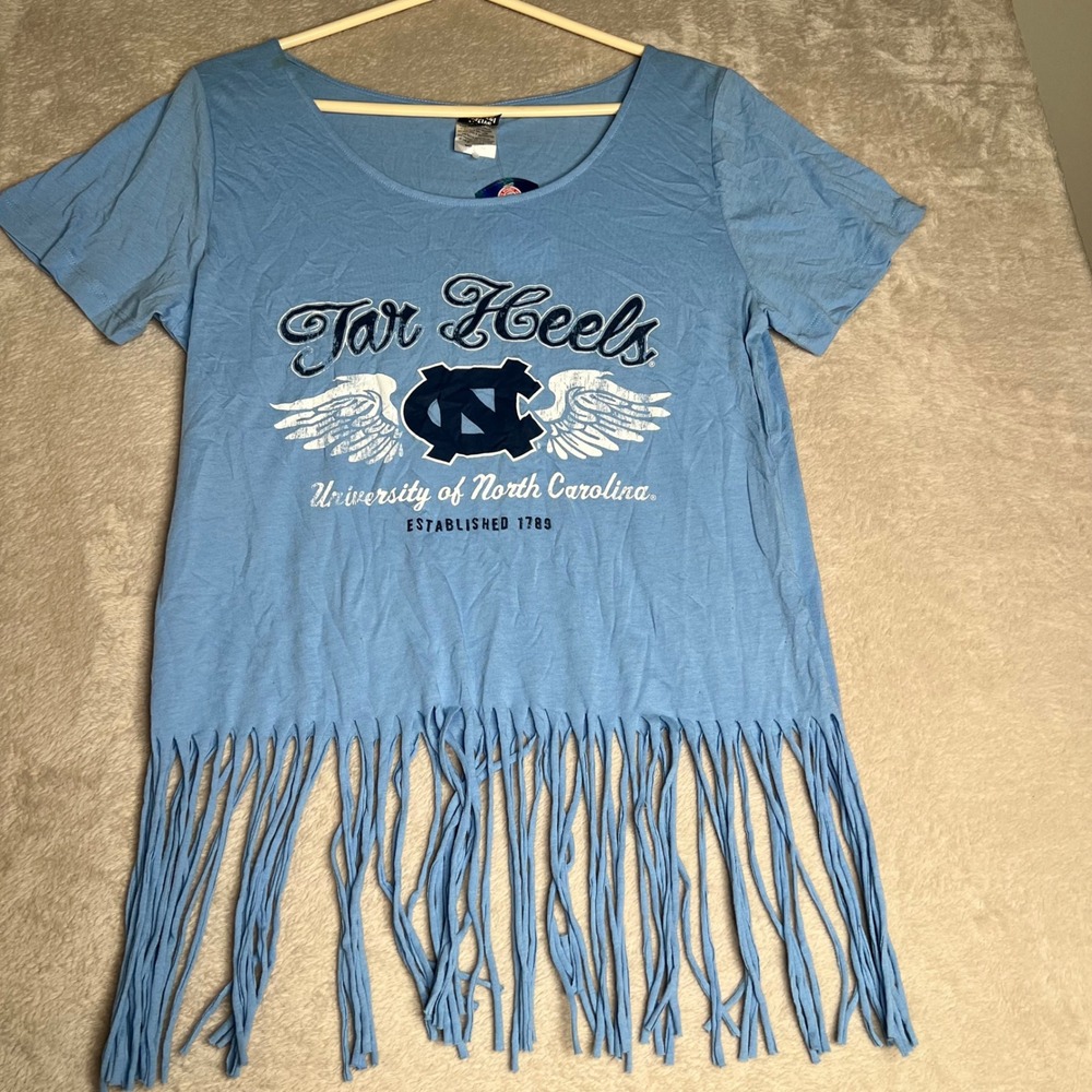 UNC Tar Heels Light Blue Fringed T Shirt University‎ of North Carolina Womens XL